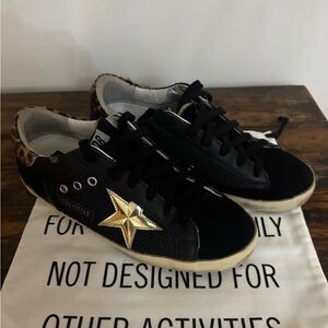 Golden Goose Black Sneakers with Gold Star and Leopard Accent Size 8.5-9